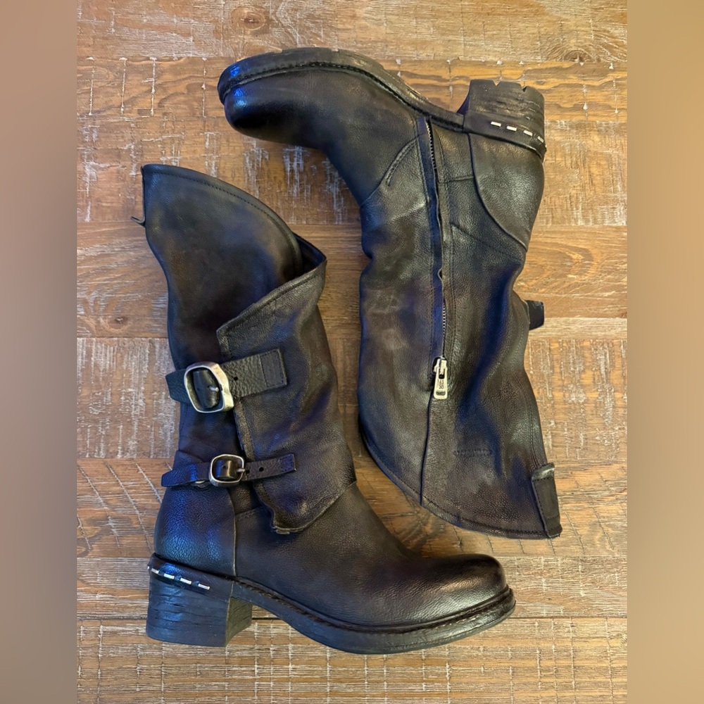 A.S.98 Black Leather Biker Boots, Size 41 (10)
